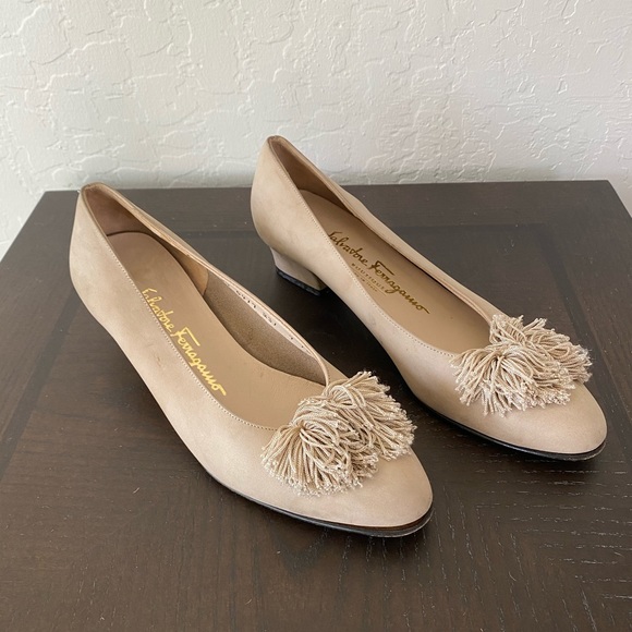 Salvatore Ferragamo Shoes - Salvatore Ferragamo Suede Pompom Neutral Loafers